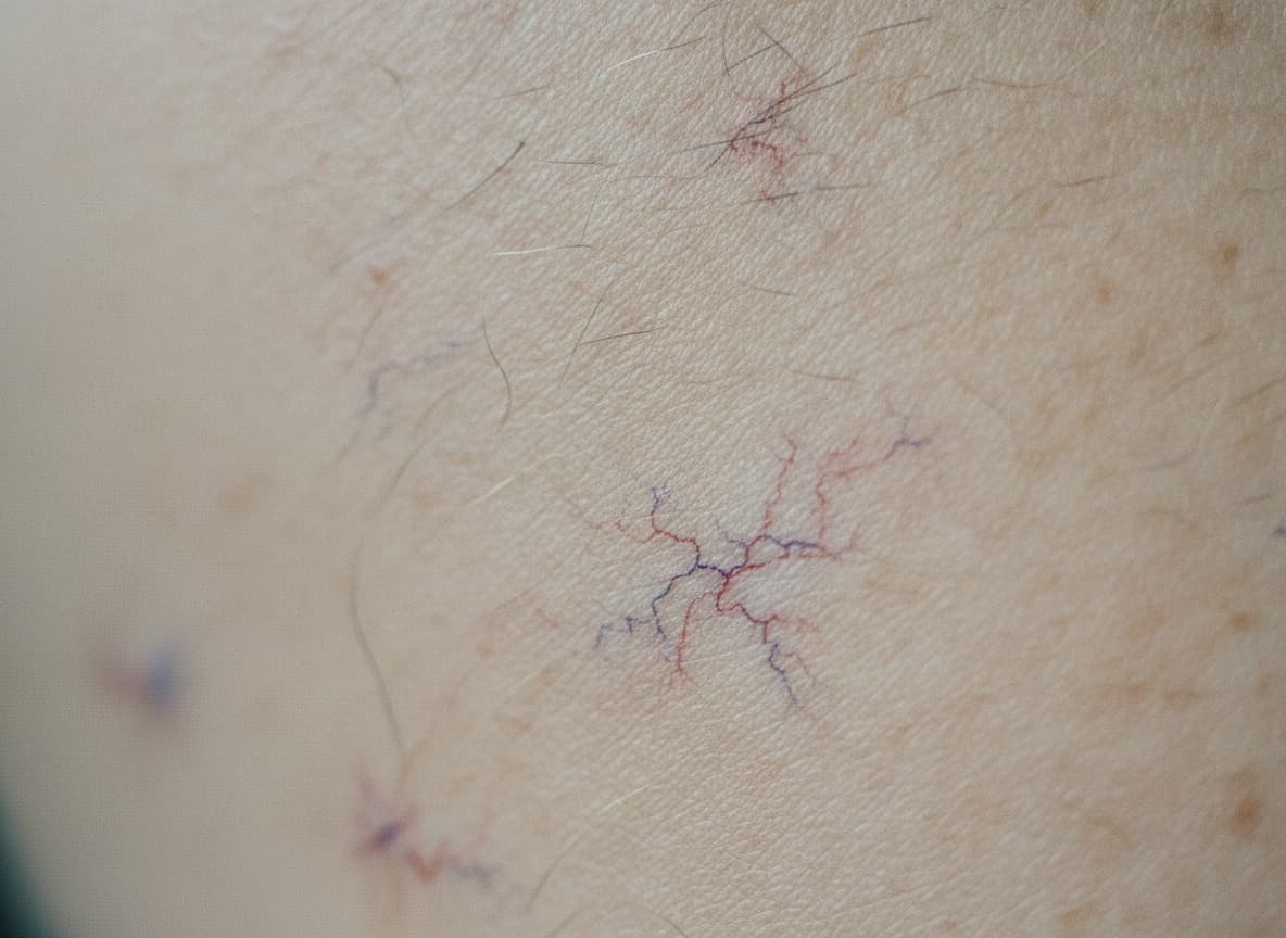 Close-up of skin with delicate telangiectasia — the kind of spider veins treated at LaserPeak Spa, Calgary