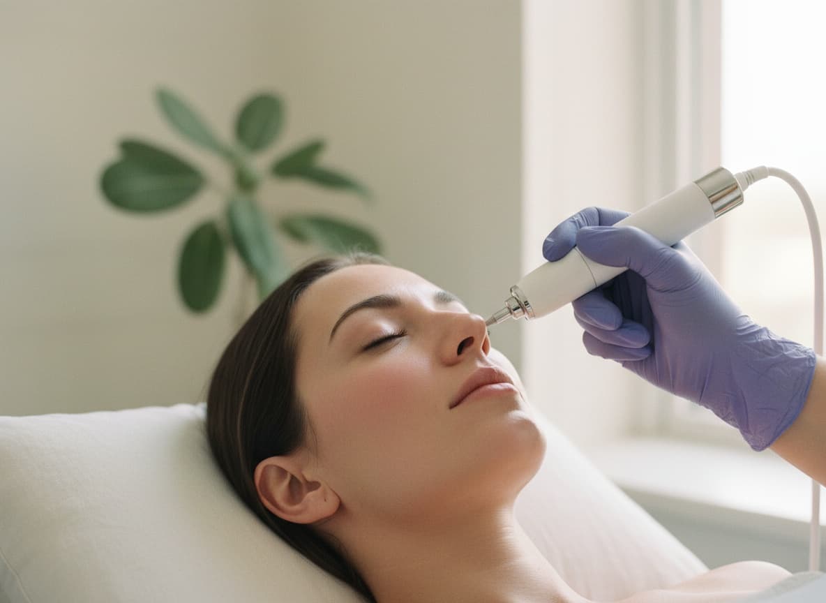 Microneedling treatment in progress on a client's cheek at LaserPeak Spa, Calgary